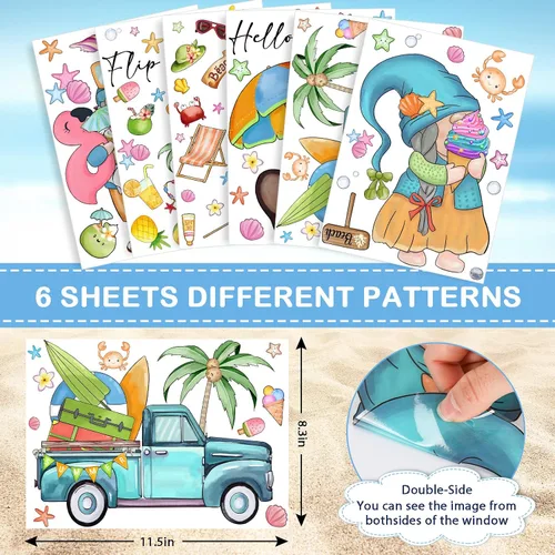 Vista 3 de AnyDesign 109 calcomanías de PVC reutilizables para ventana de verano con diseño de gnomos tropicales de Hello Summer para ventana de camión