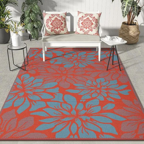 Vista 43 de GENIMO - Alfombra para exteriores de 6 x 9 pies, para patio, espacios amplios, reversible, de pajillas de plástico, alfombra impermeable para Azul