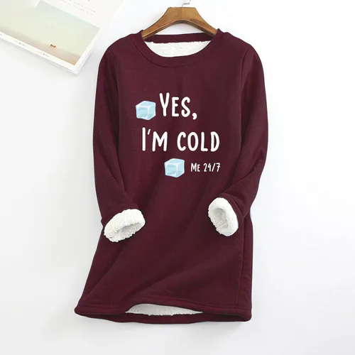 Vista 2 de Womens Yes I'm Cold Me 247 Funny Letter Print Crewneck Sweathirts Winter Warm Sherpa Fleece Lined Pullover Tunic Tops