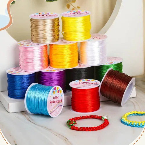Vista 4 de Cridoz 12 rollos de cuerda de nailon para pulseras, cordón de seda de cola de rata satinado, cuerda sedosa para cuentas para Kumihimo, pulseras