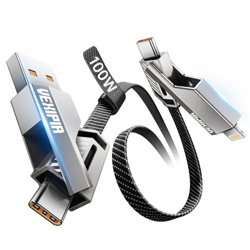 Vista 18 de Cable USB C ultra corto 4 en 1 de 0.6 pies compatible con cable Lightning [carga rápida y transferencia de datos] cable de carga plano trenzado