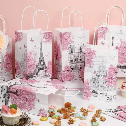 Vista 3 de ZOIIWA 12 bolsas de regalo de la Torre Eiffel de París, bolsas de dulces de primavera rosa de la Torre Eiffel, bolsas de regalo de la Torre Eiffel