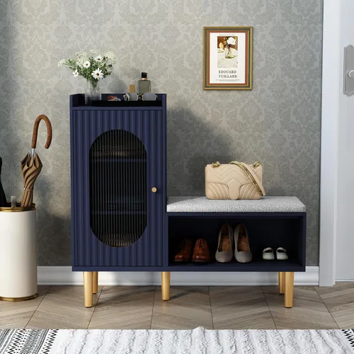 Vista 11 de HLR Banco de almacenamiento con puerta y estante de cristal, moderno banco de zapatos de entrada con asiento acolchado, armario de almacenamiento