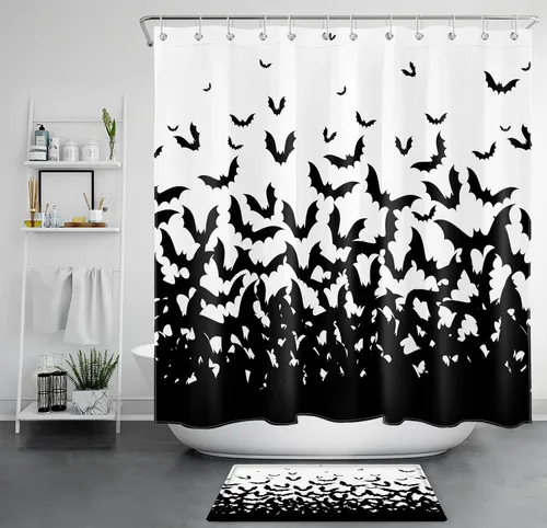 Vista 8 de LB Cortina de ducha espeluznante de murciélago de Halloween para baño, cortina de ducha de tela blanca y negra con ganchos, divertido juego