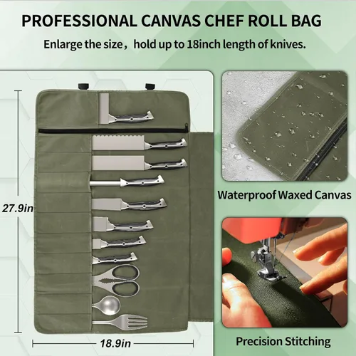 Vista 2 de lelezone Bolsa enrollable para cuchillos de chef, resistente al agua, funda de lona encerada para cuchillos, bolsas enrollables para chefs
