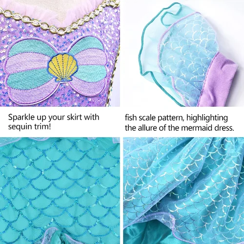 Vista 2 de ZZIHAN Vestido de sirena para niñas, disfraz de sirena con accesorios para niñas de 2 a 9 años