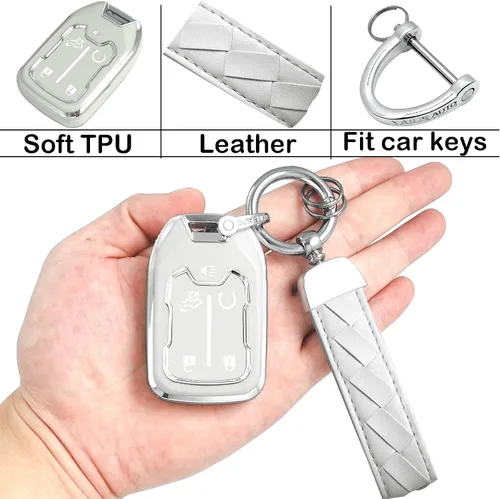 Vista 6 de Funda para llavero GMC, funda para llave con llavero de cuero, TPU suave de 5 botones, compatible con llave de automóvil Chevrolet Silverado