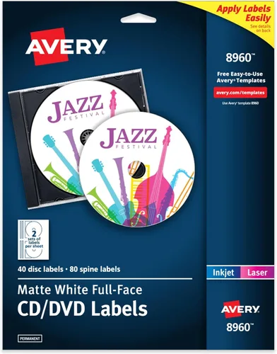 Vista 7 de Avery Etiquetas de CD imprimibles de cara completa, blanco mate, adhesivo permanente, imprimible con láser/inyección de tinta, 40 discos y 80