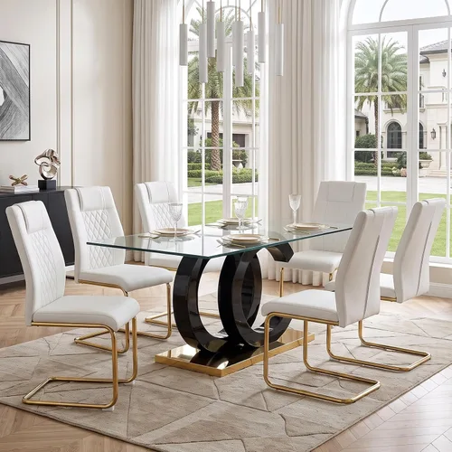 Vista 12 de Ebullient - Juego de mesa de comedor de vidrio para 4, juego de mesa y sillas de 5 piezas, mesa de comedor rectangular moderna con tapa de vidrio