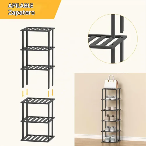 Vista 5 de SHIISEWE Zapatero de bambú para espacios pequeños, 6 niveles de alto, vertical, estrecho, para armario, apilable, soporte negro para almacenamiento