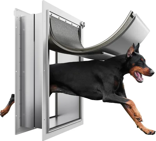 Vista 8 de Puerta para mascotas de 3 solapas para pared, puerta de perro para exterior, puerta grande para perros, marco de metal, panel de cierre de metal
