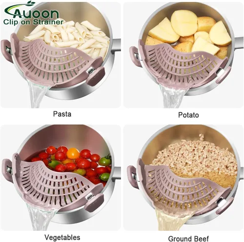 Vista 5 de AUOON - Colador grande con clip para todas las ollas y sartenes, colador de silicona de gran tamaño, diseño familiar, colador de pasta, colador
