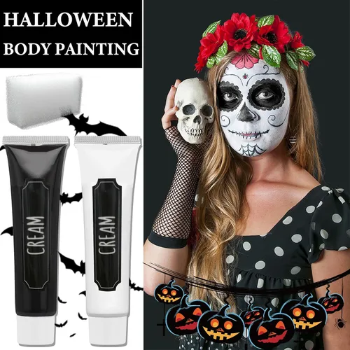 Vista 2 de Pintura corporal blanca y negra, paleta de maquillaje SFX con pinceles, paleta de pintura de crema a base de aceite, kit de maquillaje de Halloween