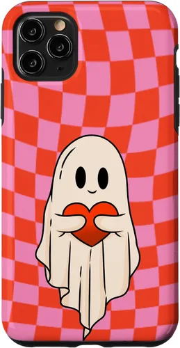 Vista 13 de Funda para iPhone 17 de San Valentín Retro Ghost Hugging Heart Checkerboard Rosa Rojo