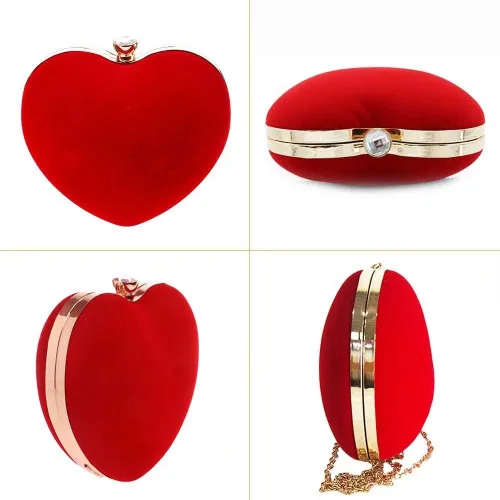 Vista 3 de Bolsos de mano de terciopelo en forma de corazón para mujer, bolsa de fiesta de noche con cadena para el hombro