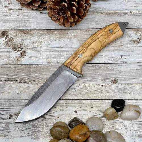 Vista 3 de Cuchillo de caza con mango de madera personalizado y funda de cuero para regalo, mango de oliva Bohler N690 Bushcraft