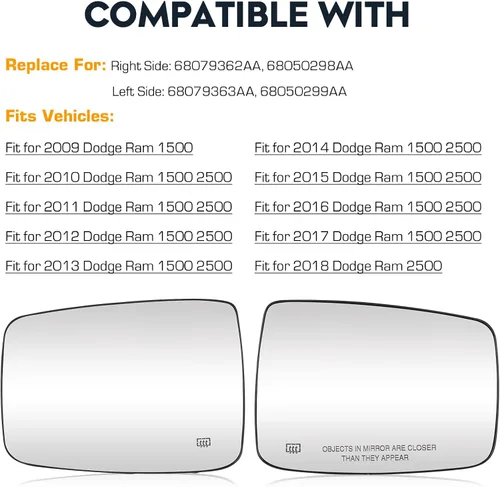 Vista 6 de Espejo Lateral Calentado para Conductor Izquierdo y Pasajero Derecho con Placa de Soporte Compatible con Dodge Ram 1500 2009-2017, Ram 2500
