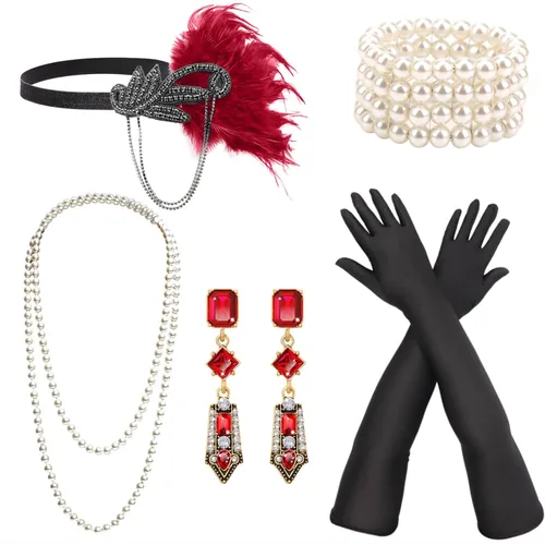 Vista 10 de DRESHOW Juego de accesorios del Gran Gatsby de los años 20 para mujer, accesorios de disfraz de flapper, diadema de plumas, juego de accesorios de 1