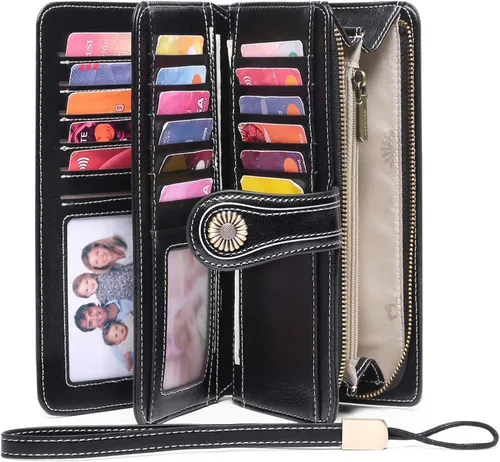 Vista 5 de SENDEFN - Cartera de cuero genuino para mujer con correa, 24 ranuras para tarjetas, 2 compartimentos para tarjetas de identificación, ventanas