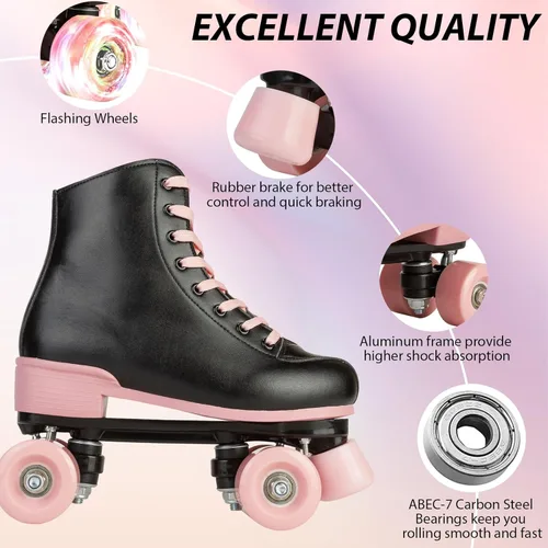 Vista 2 de YYW Patines de ruedas para mujeres y niñas, patines de derby de luces, patines de cuero sintético de doble fila, patines negros y rosas