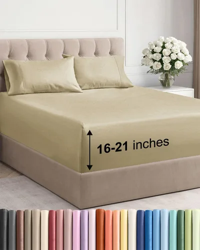 Vista 28 de Juego de sábanas tamaño Queen con bolsillos extra profundos, sábanas transpirables y refrescantes de 4 piezas, ropa de cama de lujo para hotel