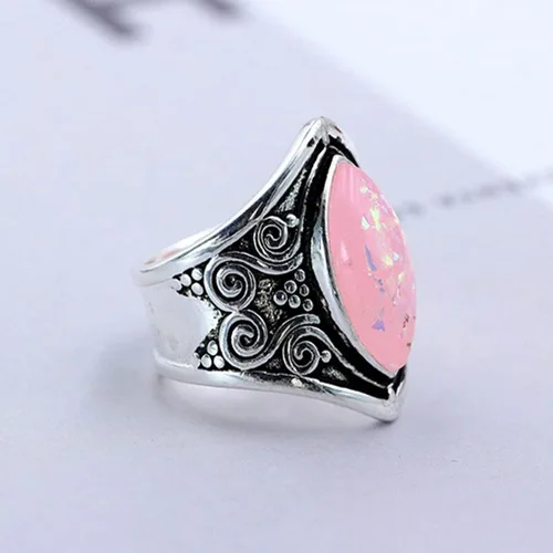 Vista 4 de Anillo ancho de piedra natural para mujer, plata de ley S925, retro, vintage, ópalo auténtico, ágata, ónix, turquesa, piedra pulgar, índice, dedo