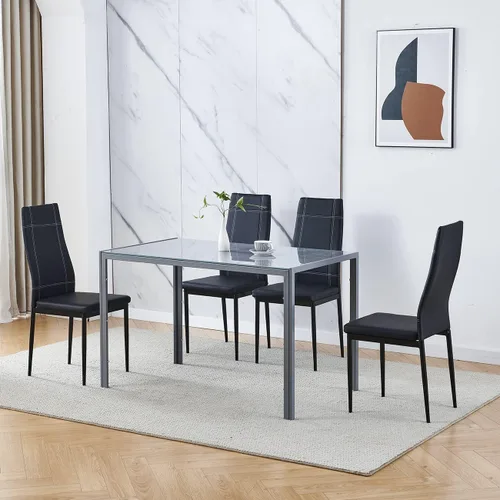 Vista 11 de Juego de 4 mesas de comedor y sillas negras modernas de 5 piezas para cocina pequeña, mesa rectangular de vidrio templado y 4 sillas de terciopelo