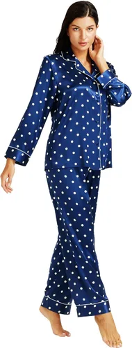 Vista 4 de Lonxu Conjunto de pijama de satén para mujer, con botones, largo XS-3XL