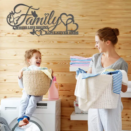 Vista 7 de Family Where Life Begins Love Never Ends Word - Decoración de pared de metal negro con corazón de mariposas, escultura colgante de letras de hierro