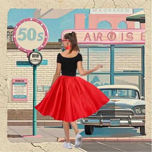 Vista 5 de Disfraz de Sock Hop para Mujer, Disfraz de Vestido de Caniche de los Años 1950 para Adulto, Falda de Caniche de los Años 50 con Gafas, Bufanda