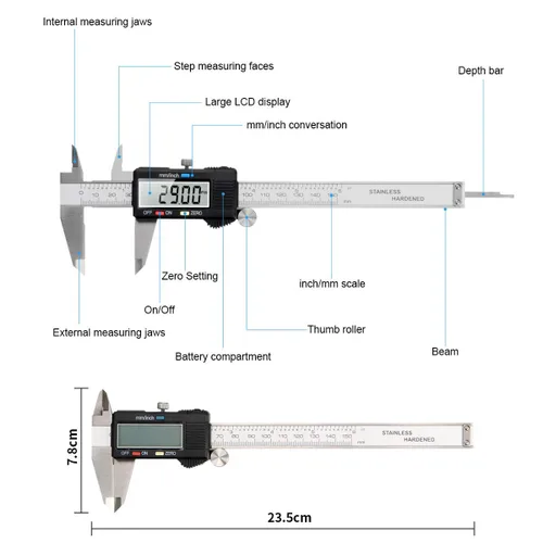 Vista 2 de Herramienta de medición de calibre, Qfun calibre digital de vernier de acero inoxidable de 6 pulgadas/150 mm, micrómetro digital impermeable, fácil