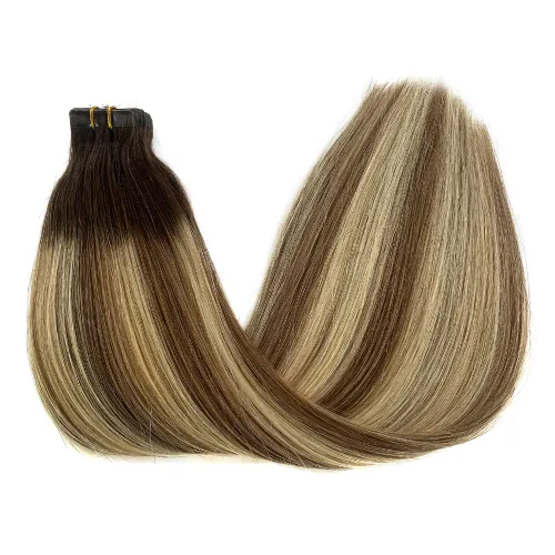 Vista 26 de Extensiones de cabello con micro puntas, 16 pulgadas, balayage, color #18, rubio beige, mezclado #60 rubio platino, extensiones de cabello humano