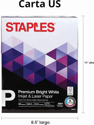 Vista 3 de Papel para Inyección de Tinta Staples – 8.5" x 11" Multiusos, 24 lbs, 98Bright, 5 Resmas/Cartón