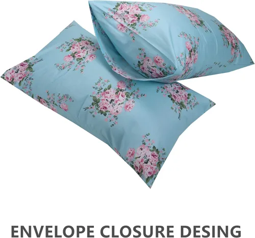 Vista 2 de Juego de 2 fundas de almohada de algodón azul suave, fundas de almohada de tamaño Queen con estampado floral con cierre de sobre, 20 x 30 pulgadas