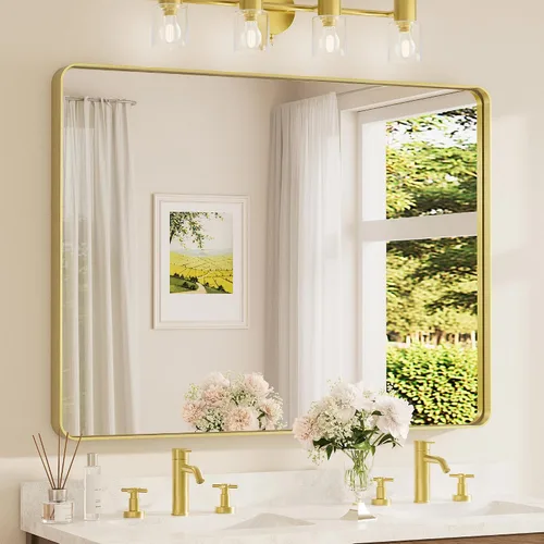 Vista 41 de Espejo de marco dorado cepillado de 16 x 24 pulgadas, espejo de tocador de baño de latón dorado para pared, espejo enmarcado rectangular de esquina