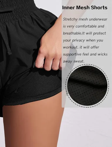 Vista 3 de COOrun - Pantalones cortos deportivos de cintura alta para mujer, pantalones cortos deportivos con bolsillo, pantalones cortos elásticos