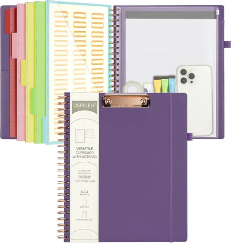 Vista 9 de Portapapeles de cuero Ospelelf con portafolio y bolsa con cremallera de almacenamiento, portapapeles espiral con bloc de notas para tamaño carta, 5