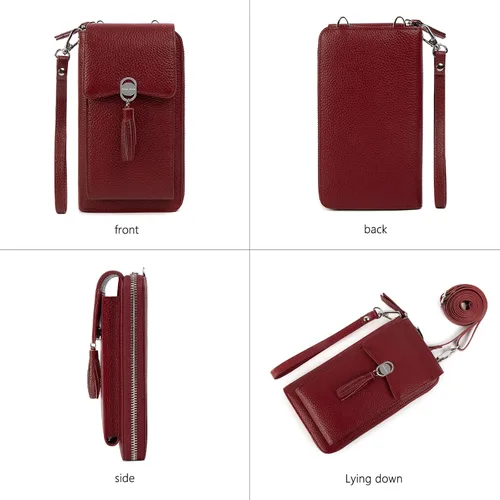Vista 6 de Pequeña bolsa cruzada de piel auténtica para mujer, con bloqueo Rfid, para teléfono celular, cartera con ranuras para tarjetas