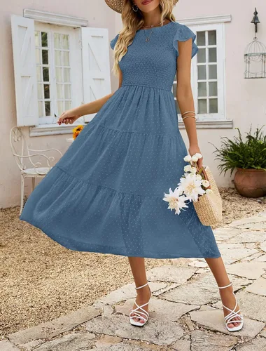 Vista 6 de MEROKEETY Vestido midi fruncido de manga corta con volantes de verano para mujer, con lunares suizos, vestidos escalonados