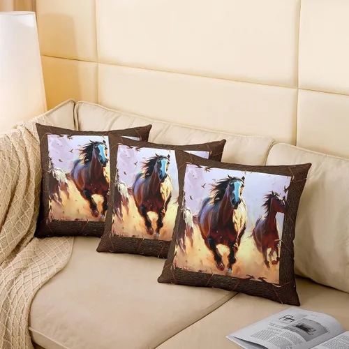 Vista 4 de Juego de 2 fundas de almohada de caballo de 24 x 24 pulgadas, fundas de almohada decorativas de caballo de granja occidental, fundas de almohada