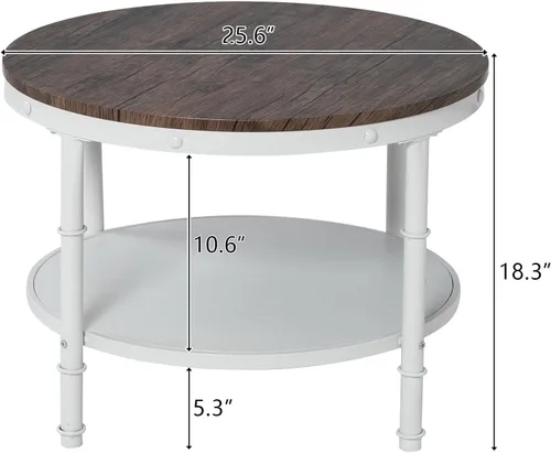 Vista 2 de VINGLI - Mesa de café de granja redonda de nogal oscuro y blanco de 25.6", mesa de centro con 2 estantes de almacenamiento para sala de estar