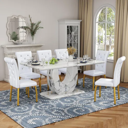 Vista 15 de Moderno juego de mesa de comedor de mármol sintético para 4, mesa de cocina rectangular blanca de 63 pulgadas con elegante base de pedestal