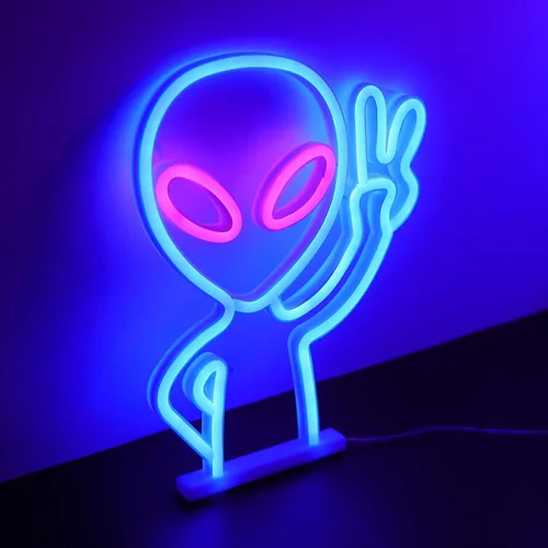 Vista 9 de ENUOLI Letrero de neón, diseño alienígena, plástico, 8.7 x 11.4 x 0.78 pulgadas, azul+rosa, letrero decorativo, alimentado por USB/batería, luz