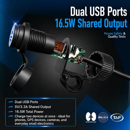 Vista 4 de Cliff Top Cargador USB para motocicleta, impermeable, doble puerto, 3.3A, 16.5W, adaptador USB para bicicleta, resistente para manillares de 7/8