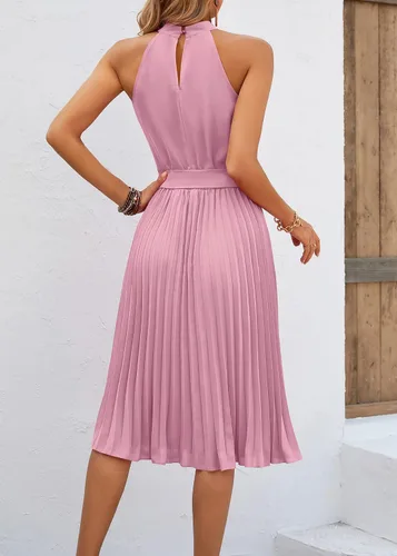 Vista 5 de KIRUNDO Vestido de cóctel plisado de verano sin mangas con cuello halter para mujer, línea A, acampanado, con cinturón