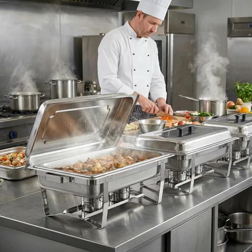 Vista 6 de Recipientes Calentadores para Buffet Paquete de 4, Juego de Recipientes Calentadores de Buffet de Acero Inoxidable de 9 Cuartos con Marco Plegable