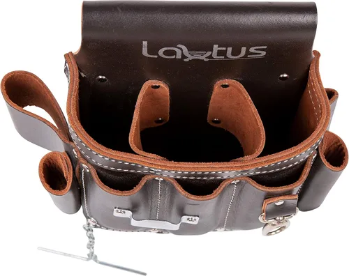 Vista 3 de Bolsa de herramientas de cuero de grano completo de LAUTUS Para electricista/contratista, bolsa eléctrica 10 bolsillos 100% cuero marrón oscuro