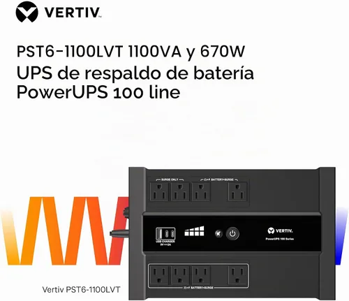 Vista 2 de Vertiv Liebert PowerUPS 100 PST6-1100LVMT Batería Backup UPS 1100VA USB-C+A