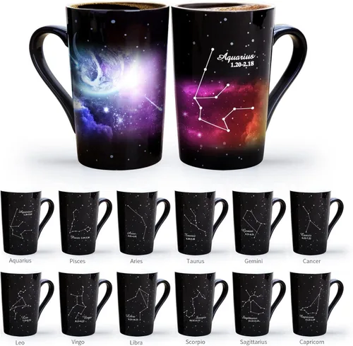 Vista 6 de Taza de constelación cambiante de calor de Acuario de 12 onzas, taza de café de Acuario con grabado, taza de café de cerámica que cambia
