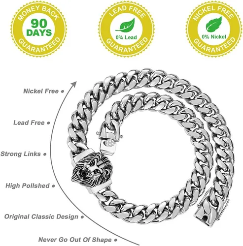Vista 15 de Cadena de eslabones cubanos para hombre, gargantilla de león, collar de plata Hip Hop de 18 pulgadas, 20 pulgadas y pulsera de 8.5 pulgadas, juego